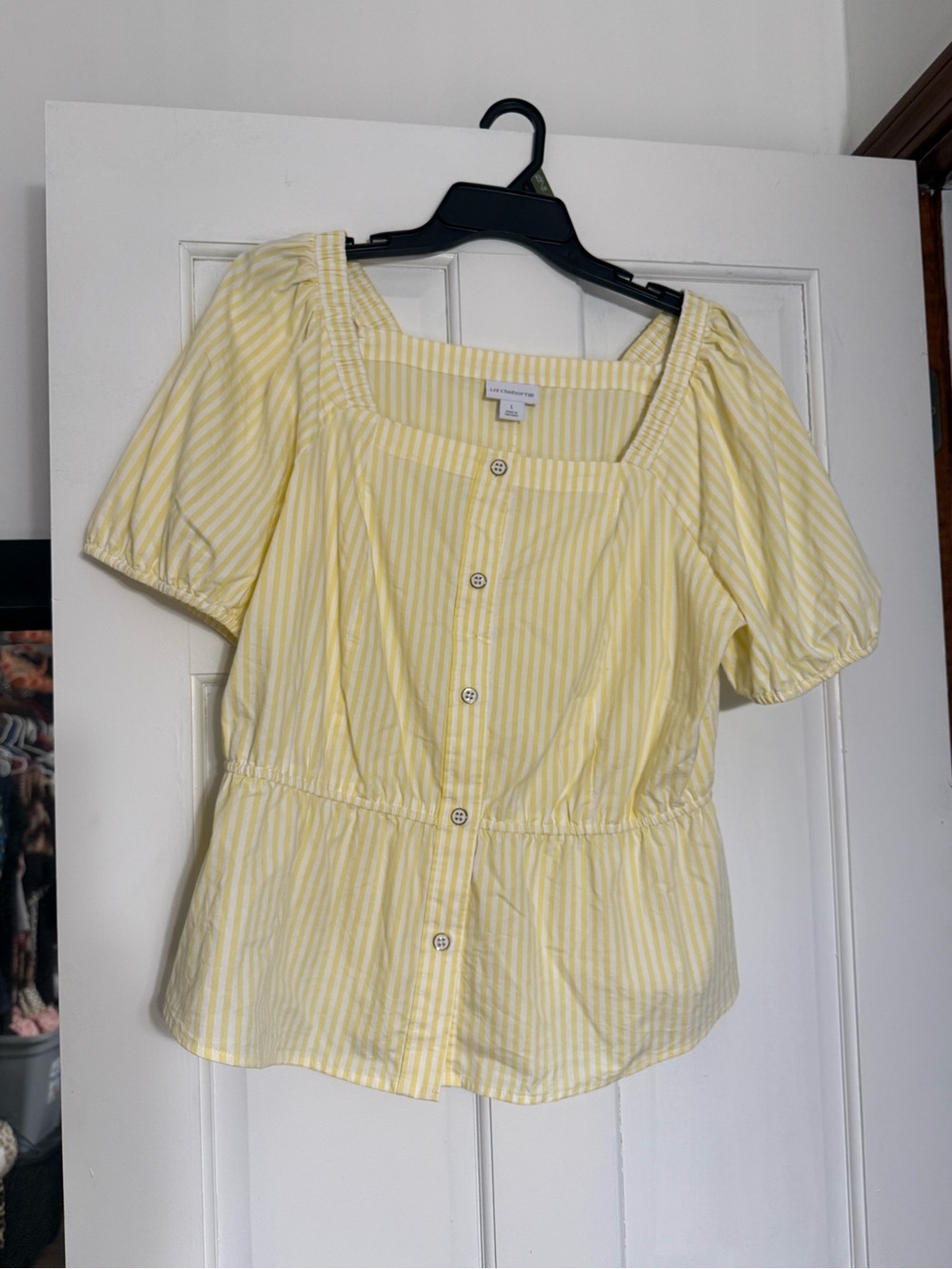 Liz Claiborne Yellow Striped Square-Neck Buttoned Blouse